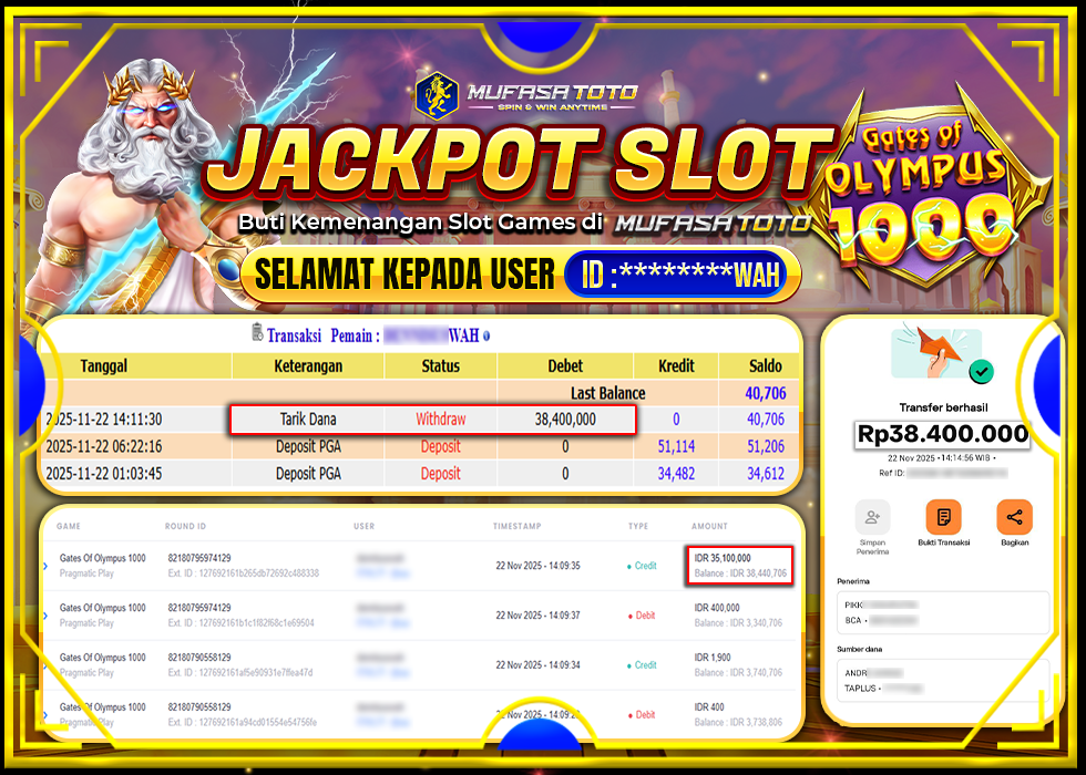 MUFASATOTO JACKPOT PRAGMATIC PLAYRp.38.400.000|LUNAS